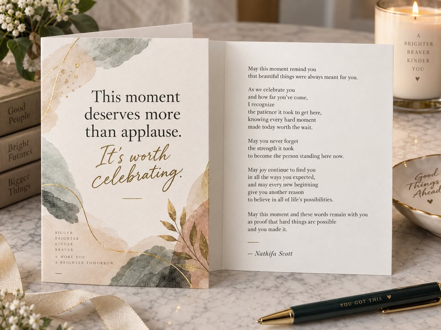 Cream card with sage, blush and gold-leaf watercolor accents, shown open beside its inside poem.