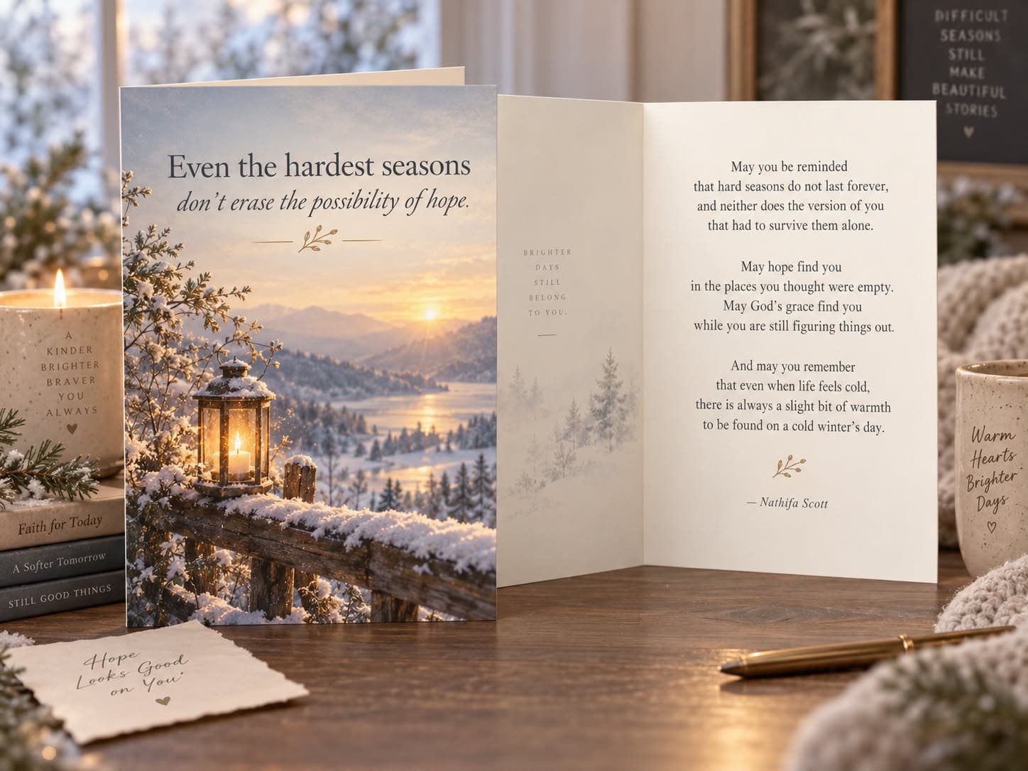 Winter card showing a glowing lantern on a snowy fence above a valley at sunrise, shown open beside its inside poem.