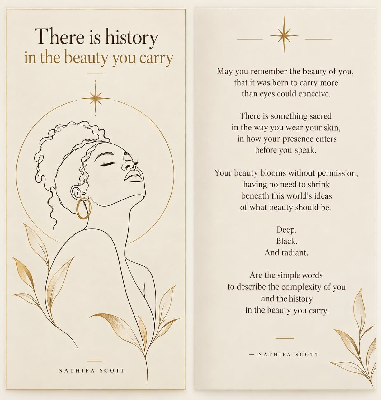 Line drawing in black and gold of a Black woman with her eyes closed and face lifted, beside the card’s inside poem.